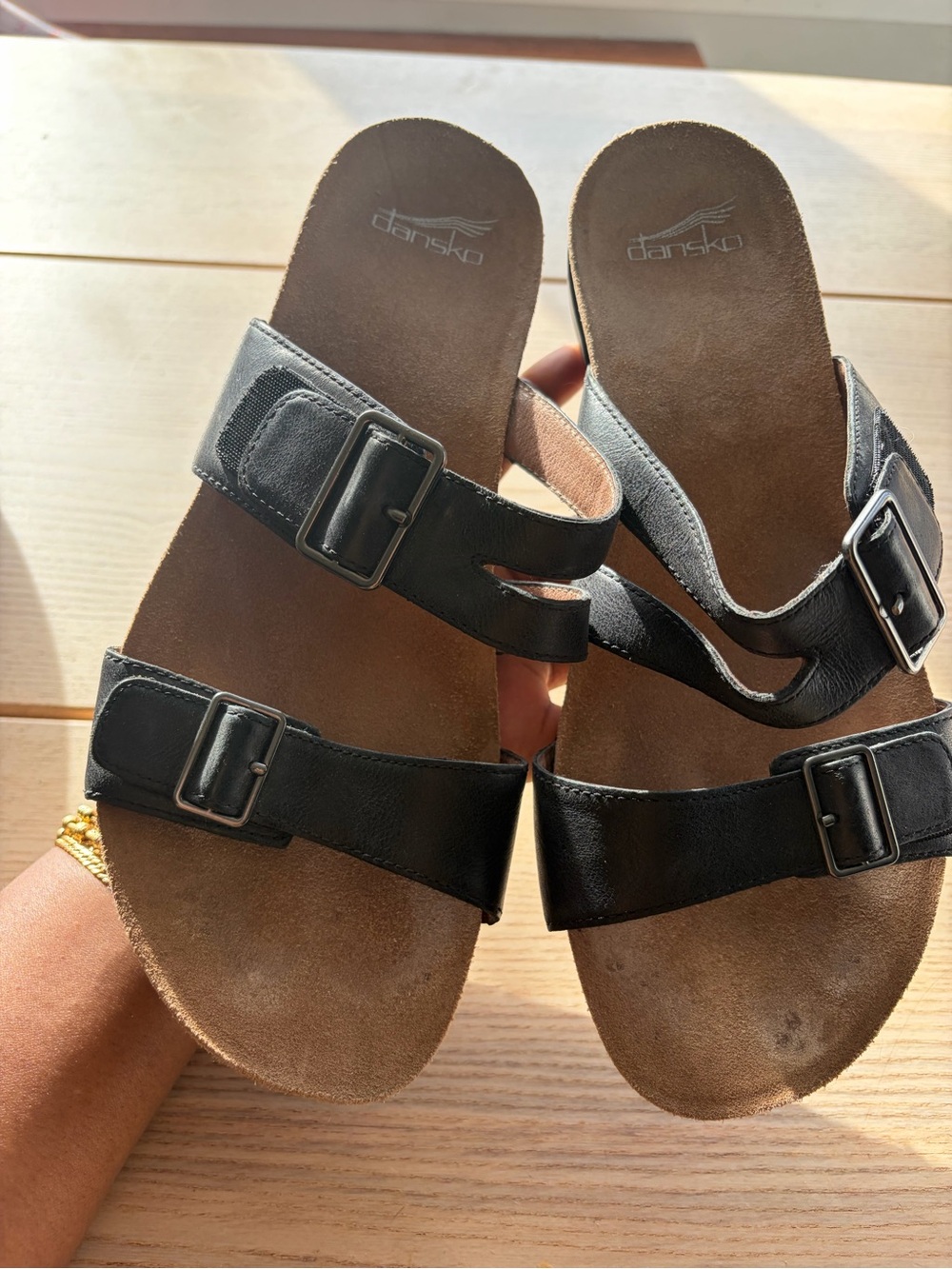 Dansko Black Leather Double Buckle Slide Sandals